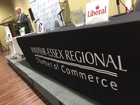 Moderator Craig Pearson prepares for the Windsor-Essex Regional Chamber of Commerce federal election debate.
