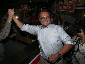 Irek Kusmierczyk celebrates his victory in Windsor-Tecumseh as he arrives at the Liberal celebration at John Max Sports and Wings in South Windsor following the Oct. 21 federal election.