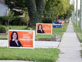 Election signs line Lesperance Road in Tecumseh on Sept. 24, 2019.