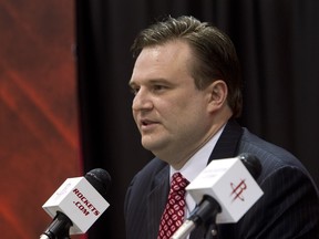 Daryl Morey, general manager of the Houston Rockets speaks during a press conference announcing the signing of Jeremy Lin at Toyota Center on July 19, 2012 in Houston, Texas.