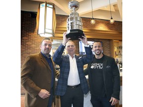 The Windsor Cancer Centre Foundation kicked off the 5th Annual Grow On Windsor Campaign on Friday at the Windsor Club. Greg Grondin, left, co-owner of the GL Heritage Brewing Co., Brian Schwab, Cypher Systems Group co-founder, and Tony Smith, owner of Garage Gym were recognized with a trophy  for their outstanding fundraising efforts for the cause.