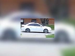 A surveillance camera image of a white sedan that was reportedly involved in a gunfire incident in Windsor's west end on the afternoon of Sept. 28, 2019.