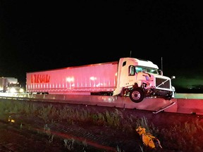 The transport truck collision that closed the eastbound lanes of Highway 401 in Chatham-Kent on the morning of Oct. 3, 2019.