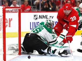 Detroit Red Wings right wing Anthony Mantha scores a goal on Dallas Stars goaltender Anton Khudobin in the second period at Little Caesars Arena.