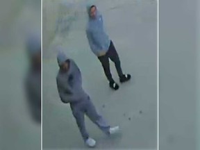 A surveillance camera image of two male suspects who Windsor police believe were involved in the fatal stabbing of 20-year-old Justin Greenwood on Oct. 19, 2019.