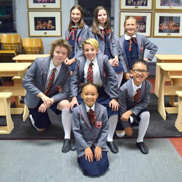 Evangeline Scott (Lavender) in the front row is joined by (middle row, l-r) Indigo Pomian (Tommy), Lukas Lynch (Bruce), Christian Brocoy (Nigel) and, back row, l-r,  Brooklyn Dobson (Erica), Emilie Bisnaire-Jackson (Hortensia) and Natalie Introcaso (Amanda).