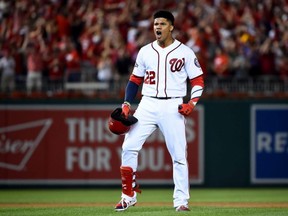 Juan Soto of the Nationals celebrates after hitting a single to right field to score 3 runs off of an error by Brewers outfielder Trent Grisham during the eighth inning in the NL Wild Card game at Nationals Park in Washington, D.C., on Tuesday, Oct. 1, 2019.