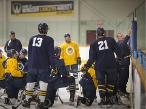 WINDSOR, ONT:. OCTOBER 8 - University of Windsor Men's Hockey head coach, Kevin Hamlin, leads practice at the Capri Pizza Complex, Tuesday, Oct. 8, 2019.