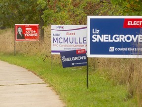 Hyde Park Road in London, Ont. has a continuous line of federal party election signs from all the major parties. (Mike Hensen/The London Free Press)