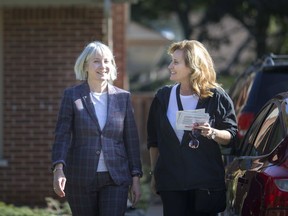 Liberal candidate for Windsor-West, Sandra Pupatello, is joined by Liberal candidate for Thunder Bay-Superior North, Patty Hajdu, left, as they campaign on Longfellow Avenue in south Windsor on Tuesday, Oct. 8, 2019.