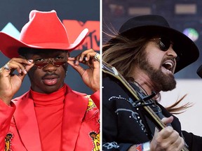 Lil Nas X at the MTV Video Music Awards (left) and Billy Ray Cyrus at the Glastonbury Festival (right) in 2019.