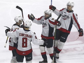 WINDSOR, ON. OCTOBER 27, 2019. --    Thomas Stevenson, left, Connor Corcoran, Tyler Angle and Egor Afanasyev celebrate a third period goal against the Sudbury Wolves during their game on Sunday, October 27, 2019, at the WFCU Centre in Windsor, ON.