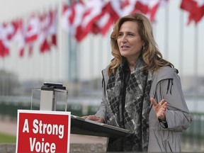 Sandra Pupatello, Liberal candidate in Windsor West, speaks at a news conference on Monday, Oct. 7, 2019, near the Ambassador Bridge in Windsor. She was critical of the NDP and what she alleges is the party's desire to "rip up" the new NAFTA agreement.
