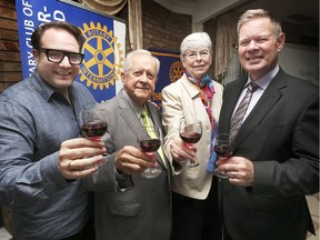 Wow! The Rotary Club of Windsor Roseland hosted the launch of its Wines of the World (WOW) 2019 event on Tuesday, Oct. 8, 2019, at the Fogolar Furlan Club in Windsor. Celebrity sippers, from left, Vincent Georgie, WIFF executive director, Ron Foster, retired PR professional, Sue Zanin, president Rotary Windsor Roseland, and Jim Crichton, CTV Windsor news anchor, are shown at the event. Proceeds from the WOW event support a variety of local and international causes.