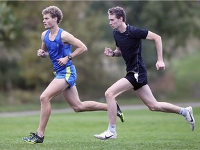 WINDSOR, ON. OCTOBER 21, 2019. --    St. Clair Saints cross-country team members Tyler Jones, left, and Carter Free are shown at the Malden Park in  Windsor, ON. on Monday, October 21, 2019. The team is preparing to host OCAA championship.