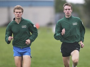 St. Clair Saints cross-country  members Tyler Jones, left, and Carter Free both finished in the top four at the CCAA cross-country championships in Alberta.