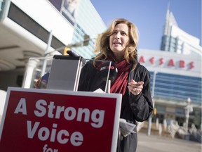 Liberal candidate for Windsor West, Sandra Pupatello, holds a news conference outside Caesars Windsor on Oct. 9, 2019, where she announced her commitment to getting single-game sports betting approved if elected.