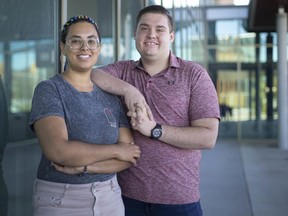 Noah Campbell and Aislyn Laurent, left, leads of the Google Student Developers Group at the University of Windsor's EpiCentre, are pictured outside the EpiCentre office on Oct. 10, 2019.