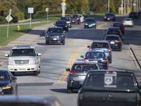 The traffic on Riverside Drive as two lanes expands to four near Caron Avenue, is seen on Wednesday.