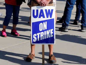 A "UAW On Strike" sign is seen during a rally outside the shuttered General Motors Lordstown Assembly plant during the United Auto Workers national strike in Lordstown, Ohio.