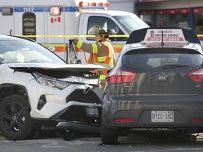 Emergency personnel are shown at the scene of a three-vehicle accident at the intersection of Campbell and University avenues on Friday, October 18, 2019. The accident occurred around 4 p.m. and sent several people to hospital with non-life threatening injuries. The westbound lanes of University were shut down for over an hour.