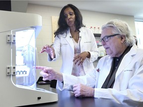 Charu Chandrasekera, executive director of the Canadian Centre for Alternatives to Animal Methods at the University of Windsor is shown with Eric Margolis from the Eric S. Margolis Family Foundation on Thursday, October 10, 2019 at the Windsor campus. The Margolis family donated $1,000,000 to the new lab.