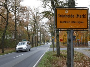 A city limits sign stands at the edge of the village of Gruenheide on November 13, 2019 in Gruenheide, Germany. Elon Musk, CEO of U.S. electric automaker Tesla, announced yesterday that Tesla will build a European Gigafactory outside Berlin, reportedly in the area around Gruenheide, not far from the BER Willy Brandt Berlin-Brandenburg International Airport. The factory would be Tesla's fourth and is to produce car batteries, parts and the Model 3 and Model Y cars.