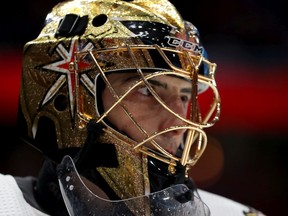 Goalie Marc-Andre Fleury of the Vegas Golden Knights looks on in the second period against the Washington Capitals at Capital One Arena on November 09, 2019 in Washington, DC.