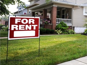 A home for rent sign in front of house.
