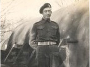 Photo of Stuart Henderson taken in 1944 next to the officers' mess at a Canadian base in England. Photo courtesy of Gord Henderson (Stuart's son).