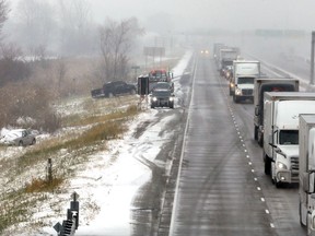 OPP assist towing companies with multiple vehicles which left the roadway on west bound 401 near kilometre marker 14 Monday.