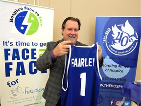 Face to Face co-founder John Fairley is presented with a personalized basketball jersey during the 17th Annual Face to Face campaign wrap-up event at The Hospice Auditorium on Empress Street , Wednesday.  Face to Face announced a donation of $110, 000 which goes to the The Hospice's Fairley Patient Transportation Program.  The Fairley Transportation Program pickups up 9,000 patients yearly.