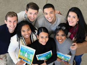 University of Windsor students Crystal Bryan, front left, Maha Darbi, Fardovza Kusow, Nick Falk, back left, Patrick Pomerleau-Perron, Abdul Abu Libda and Steph Goncalves, right, are the faces of the 2nd year of the Windsor Proud awareness and enrolment campaign. The campaign features current students telling their University of Windsor stories through the use of billboards, cinema ads, videos, social media and print advertising.