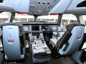 This picture taken on November 15, 2019, show a view of the cockpit of the first Fiji Airways's Airbus A350 XWB 900 aircraft during its delivery ceremony at the Airbus delivery center in Colomiers, southwestern France.