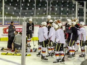 CTV Calgary video frame grab of Calgary Flames defenceman TJ Brodie, who collapsed during practice Thursday afternoon at the Scotiabank Saddledome in Calgary, he was transported by ambulance to hospital. CTV Calgary