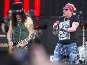 Slash, left, and Axl Rose, right, of Guns N' Roses perform at the Download Festival in Madrid, Spain, on June 29, 2018.
