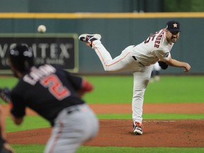 Houston Astros pitcher Justin Verlander throws a pitch against the Washington Nationals in the first inning in game six of the 2019 World Series at Minute Maid Park.