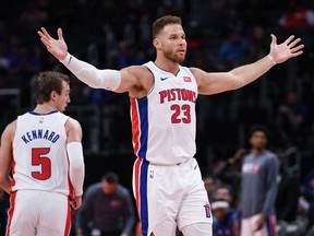 Detroit Pistons forward Blake Griffin reacts during the fourth quarter against the Minnesota Timberwolves at Little Caesars Arena.