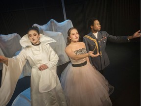 From left, Katy Chapman as the Witch, Olivia Ridpath as the Beauty, and Jamar Adams-Thompson as the Prince, rehearse the University Players production of Beauty and the Beast, Tuesday, Nov. 26, 2019.