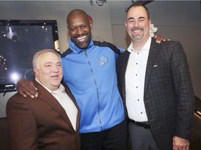 Former Detroit Lions receiver Herman Moore, centre, is shown with WESPY Awards founder Dominic Papa, left, and major sponsor Jeff Nawalany, of Orion Homes Inc., during a press conference on Friday announcing Moore as the 2020 keynote speaker.