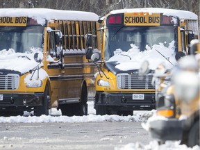 School buses covered in snow sit parked at First Student Charter Bus Rental on the city's West End, Tuesday, Nov. 12, 2019.