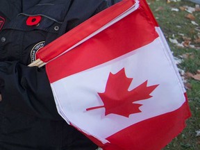 Paul Lauzon of the Windsor Veterans Memorial Services Committee carries an armful of Canadian flags at Windsor Grove Cemetery on Nov. 5, 2019.