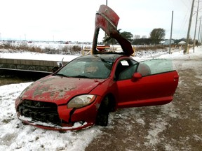 Handout/Chatham Daily News Lakeshore OPP provided this photo of the car a 53-year-old Chatham woman was driving when she was involved in fatal single-venice crash on Tecumseh Road near Lighthouse Road in the Town of Lakeshore early Wednesday morning.