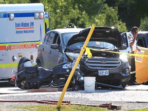 The scene of a collision between a Ford Escape and a motorcycle on County Road 10 in Amherstburg on Aug. 29, 2019.