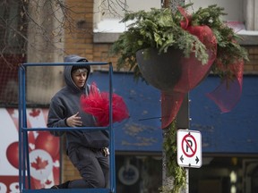 Sandy Diemer, an employee with Essex County Maintenance, hangs holiday decorations in downtown Windsor for the Downtown Windsor Business Improvement Association, Monday, Nov. 25, 2019.  The baskets, garland, and bows were provided by Degoey's Nursery in Leamington and hung throughout the downtown.