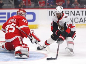 Senators forward Anthony Duclair scores a first-period goal on Red Wings goaltender Jonathan Bernier in Detroit on Tuesday night. (Gregory Shamus/Getty Images)