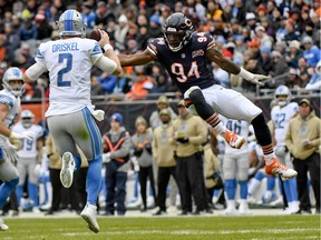 Nov 10, 2019; Chicago, IL, USA; Chicago Bears outside linebacker Leonard Floyd (94) defends against Detroit Lions quarterback Jeff Driskel (2) in the second half at Soldier Field. Mandatory Credit: Matt Marton-USA TODAY Sports