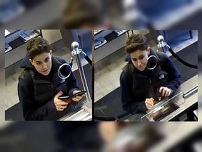 Surveillance camera images of a female suspect who Windsor police believe fraudulently withdraw a large amount of money from a stranger's bank account.