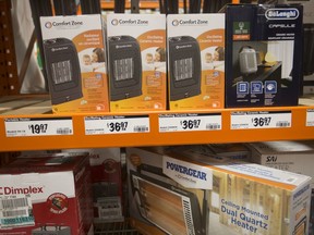 Space heaters are shown on the shelves at a Windsor Home Depot on Nov. 15, 2019.