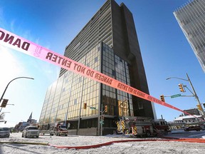 The 21-story Westcourt Place building after it lost power due to a vehicle fire in its basement parking garage on the morning of Nov. 12, 2019.